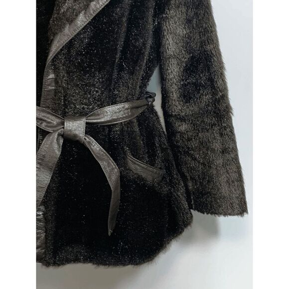 Vintage Women’s Faux Fur Leather Tie Front Shawl Coat Brown Size Medium - Picture 3 of 12